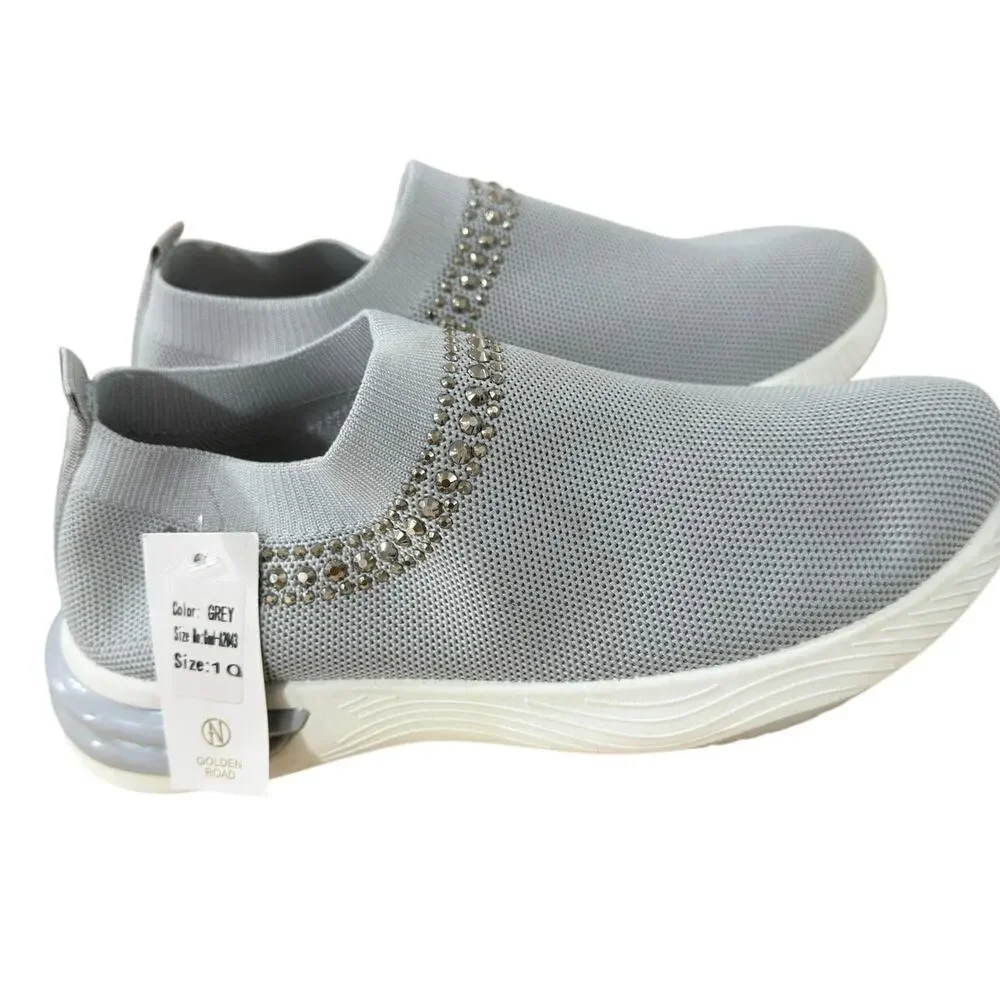 NEW Women's Rhinestone Slip-On Knit Sneakers Gray Size 10